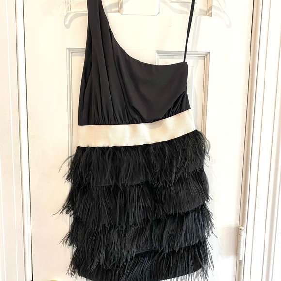 KARLIE Tuckernuck One Shoulder Tiered Black Feather Mini Dress Cocktail Party - Picture 7 of 12